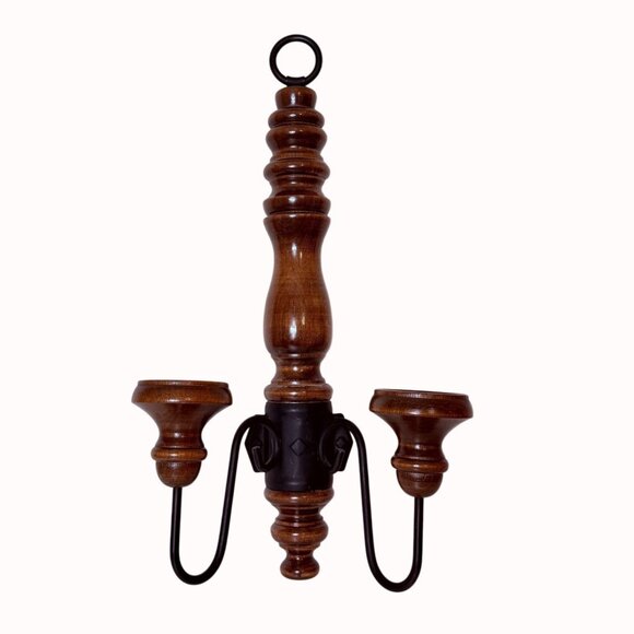 Wooden Double Arm Wall Candle Sconce VTG Turned Wood Wrought Iron Taper Holder - Picture 3 of 16